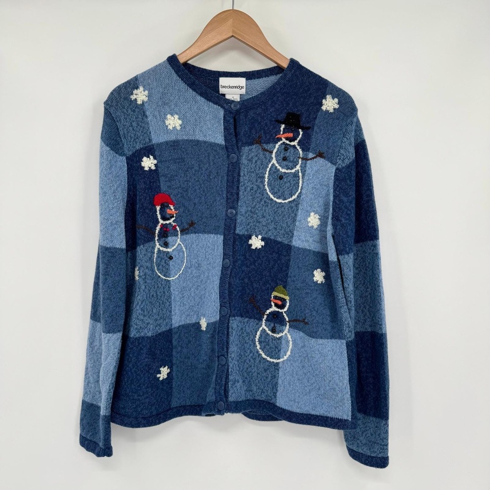 Breckenridge Blue Patchwork Knit Snowman Button Front‎ Sweater Women's M